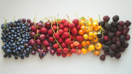 A stunning display of assorted berries and fruits arranged on a white background, showcasing a vibrant array of colors ideal for healthy eating and culinary inspiration.の素材