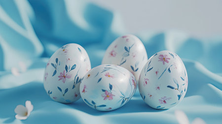 A serene composition of hand-painted floral eggs resting on soft blue fabric, perfect for spring celebrations or Easter decorations, emphasizing creativity and elegance.の素材