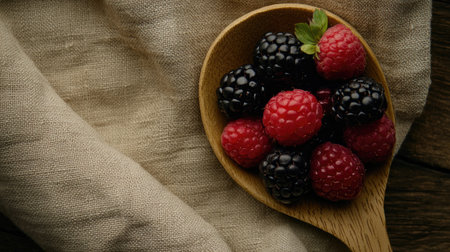 A beautiful arrangement of fresh raspberries and blackberries in a wooden spoon, placed on soft natural fabric. This image captures the essence of healthy eating.の素材