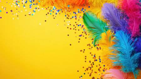 Vibrant colorful feathers paired with shimmering glitter on a bright yellow background create a festive and cheerful atmosphere perfect for celebrations.の素材