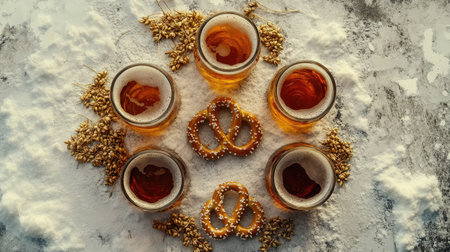 Enjoy a delightful display of refreshing beers and pretzels, set against a rustic backdrop of barley. Perfect for gatherings and culinary celebrations.の素材