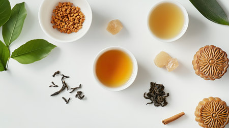 Discover the essence of herbal tea with this elegant arrangement of leaves, bowls, and sweet treats. Embrace the calm and warmth of every sip.の素材
