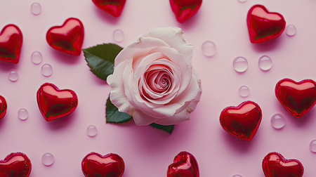 A beautiful pink rose sits gracefully among shiny red hearts and water droplets on a soft pink background, creating a romantic and elegant atmosphere.の素材