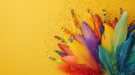 This vibrant image features an explosion of colorful feathers and sparkling glitter against a bright yellow background, perfect for festive themes and celebrations.の素材