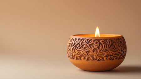 This artistic photograph captures a beautifully carved bowl with a candle flame. The warm light creates a calming ambiance, perfect for relaxation and interior decor.の素材