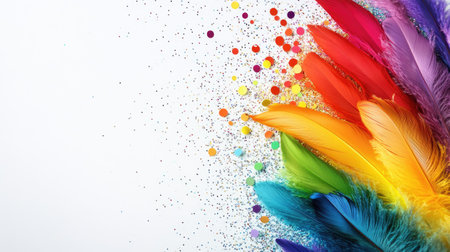 A vibrant arrangement of colorful feathers and sparkling glitter set against a clean white background. Ideal for creative projects, celebrations, and artistic displays.の素材