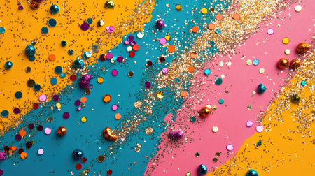 A vibrant and colorful flat lay featuring sparkling confetti and glitter on a bold background. Perfect for celebrations, parties, and festive events.の素材