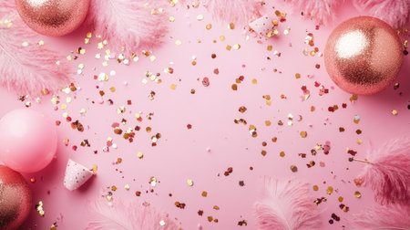 Vibrant pink background adorned with shiny baubles, glitter, and fluffy feathers, perfect for party themes. Ideal for festive mood and celebration imagery.の素材
