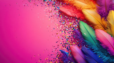 A stunning arrangement of colorful feathers and sparkling glitter against a vibrant pink background, perfect for festive themes, events, or creative projects.の素材