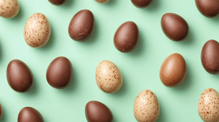 A beautiful arrangement of colorful chocolate and speckled eggs on a turquoise background. Perfect for seasonal celebrations or festive decorations.の素材