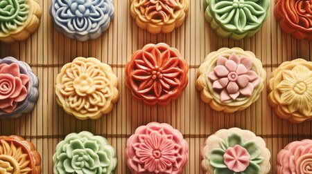A stunning display of colorful traditional mooncakes arranged on a bamboo mat, showcasing intricate floral designs, perfect for festive celebrations and cultural appreciation.の素材