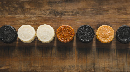 A beautiful arrangement of traditional mooncakes in various colors on a rustic wooden surface, showcasing their intricate floral patterns and cultural significance.の素材