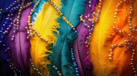 This image showcases a stunning arrangement of colorful feathers adorned with beads, creating a vibrant and artistic abstract background perfect for various design projects.の素材