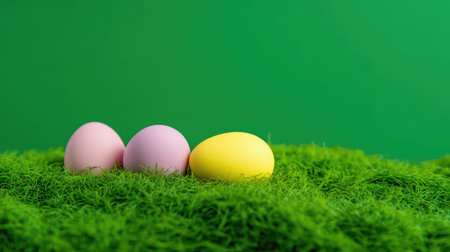 A vibrant scene featuring three pastel eggs resting on lush green grass, perfect for springtime festivities. Ideal for Easter celebration themes.の素材