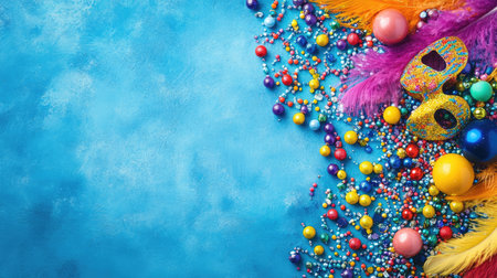 A vibrant scene featuring colorful carnival decorations, including masks, beads, and feathers, set against a bright blue background, perfect for celebrations.の素材