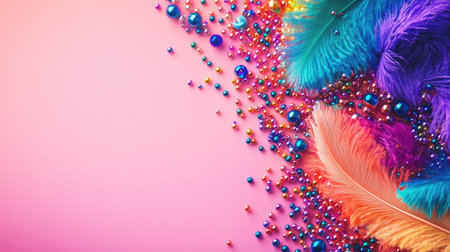 Bright and colorful arrangement featuring vibrant feathers and shiny beads on a soft pastel background, perfect for festive celebrations and creative projects.の素材