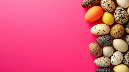A vibrant collection of colorful decorative eggs is arranged beautifully on a bright pink background, perfect for enhancing any festive spring celebration or holiday decor.の素材