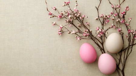 Three colorful Easter eggs in pink and white nestled among delicate flower branches on a textured background, creating a serene and festive spring ambiance.の素材