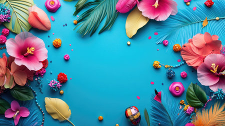 A stunning arrangement of colorful tropical flowers and leaves on a vibrant blue background. Perfect for summer decorations and nature-inspired designs.の素材