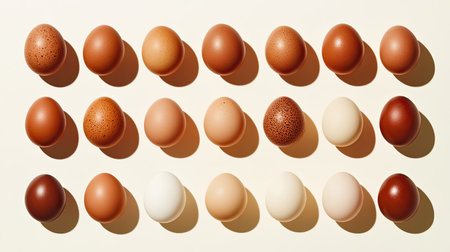 A visually striking display of various fresh eggs arranged neatly on a light background, showcasing diverse colors and textures, ideal for food-related themes and nutrition discussions.の素材
