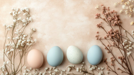 A serene still life featuring pastel colored eggs nestled among delicate dried flowers on a textured background, perfect for spring celebrations and elegant decor.の素材