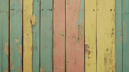 This image showcases a vibrant and weathered wooden plank wall featuring colorful pastel hues. Ideal for design, decor, or creative projects.の素材