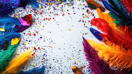 A vibrant arrangement of colorful feathers and glitter creates a festive atmosphere, perfect for celebrations and creative projects. Capture the joy!の素材