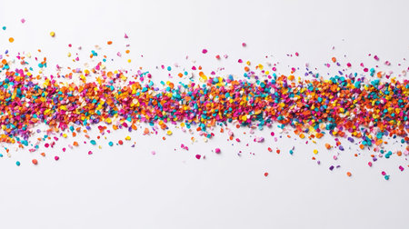 A vibrant scatter of colorful confetti bursts across a clean white surface, perfect for enhancing any celebration event or festive occasion with joy and creativity.の素材