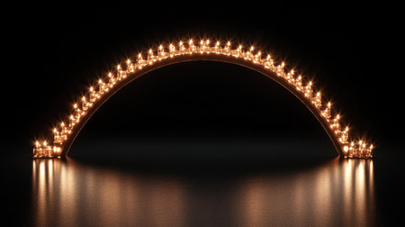 A beautifully arranged arc of glowing candles creates a warm ambiance against a dark background. The reflection adds depth and serenity to this elegant design.の素材