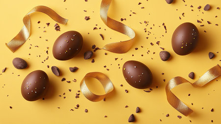 Festive chocolate eggs on a bright yellow background, decorated with ribbons and crushed chocolate, perfect for Easter celebrations and spring festivities.の素材