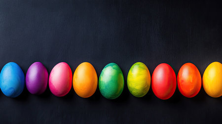 A row of vibrant, colorful Easter eggs rests on a dark surface. These decorative eggs showcase various bright colors and patterns, symbolizing the festive season.の素材