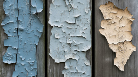 Close-up view of weathered wood panels featuring peeling paint in blue and beige tones, showcasing texture and age. Ideal for art and design projects.の素材