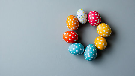 A vibrant arrangement of colorful polka dot Easter eggs displayed in a circular shape on a soft background, evoking joyful spring celebrations and festive spirit.の素材