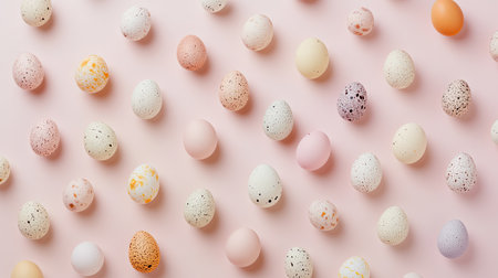 A vibrant collection of beautifully textured eggs arranged on a soft pink background. Perfect for spring themes, Easter celebrations, or creative designs.の素材