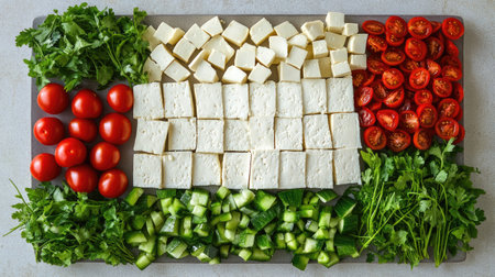 A vibrant display of fresh vegetables and tofu arranged on a wooden board, perfect for healthy meal preparation and colorful food photography.の素材