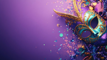 A vibrant carnival mask adorned with glitter and confetti rests on a rich purple background, creating a festive and elegant atmosphere perfect for celebrations.の素材