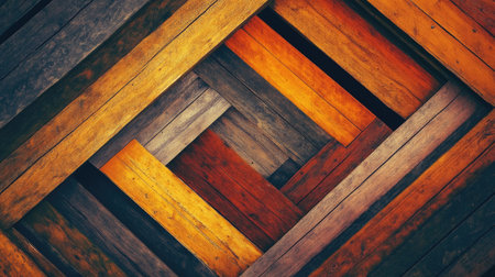 This image showcases an abstract arrangement of colorful wooden planks in a geometric design. The warm tones create a visually striking background, perfect for art and design projects.の素材