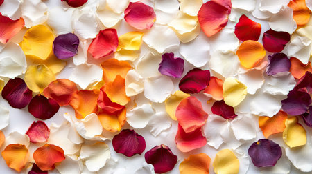 A vibrant assortment of colorful rose petals scattered on a white surface, perfect for adding elegance and romance to any decoration or event.の素材