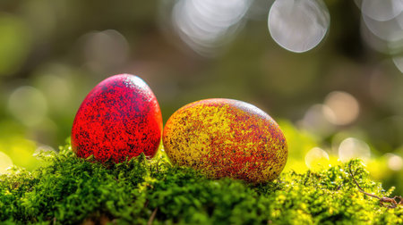 Two vibrant Easter eggs in red and yellow resting on a bed of lush moss create a charming spring scene, enhanced by a soft bokeh effect.の素材