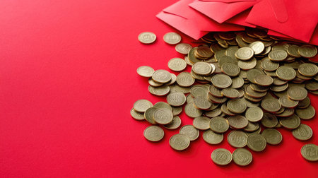 A vibrant red background features scattered coins and traditional red envelopes, symbolizing luck and prosperity during festive celebrations. This image captures the essence of giving and fortune.の素材