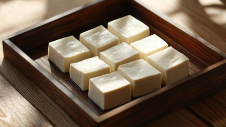 Neatly arranged cubes of freshly cut tofu sit on a wooden tray, showcasing a minimalist and elegant food presentation perfect for any culinary project.の素材