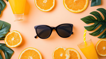 Stylish sunglasses rest amidst juicy oranges and refreshing juice. This vibrant flat lay captures summer vibes, perfect for lifestyle and food themes.の素材