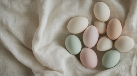 A beautiful arrangement of pastel colored eggs on soft fabric, showcasing a calm and minimalist aesthetic perfect for spring or holiday decoration.の素材