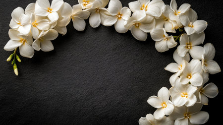 A stunning arrangement of delicate white flowers on a dark slate background, showcasing elegance and beauty in nature. Perfect for floral designs.の素材