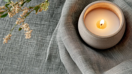 A tranquil scene featuring a lit candle in a soft gray holder surrounded by a cozy textile. Delicate flowers enhance the serene ambiance, perfect for relaxation.の素材