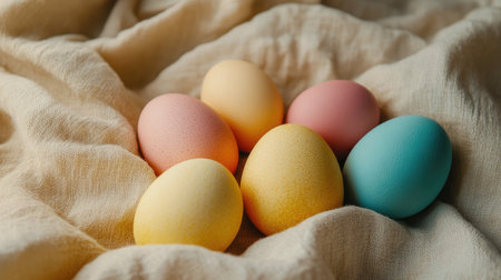 This soft fabric background showcases a lovely arrangement of colorful Easter eggs in pastel shades. Perfect for spring-themed projects or festive celebrations.の素材