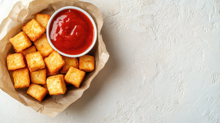 Enjoy a tempting view of crispy golden tofu cubes served with a vibrant red dipping sauce. Perfect for snacks, appetizers, or sharing, this dish is a delicious treat.の素材