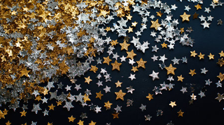 A captivating arrangement of silver and gold glittering stars scattered on a dark background, perfect for festive decorations and creative projects.の素材