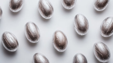 A stunning arrangement of elegant silver chocolate eggs on a white background. Perfect for holiday gatherings, celebrations, or as luxurious gifts.の素材