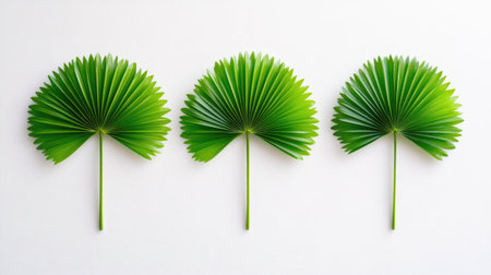A captivating arrangement of green palm leaves set against a white background, showcasing the beauty of nature and simplicity in design. Perfect for nature themes.の素材